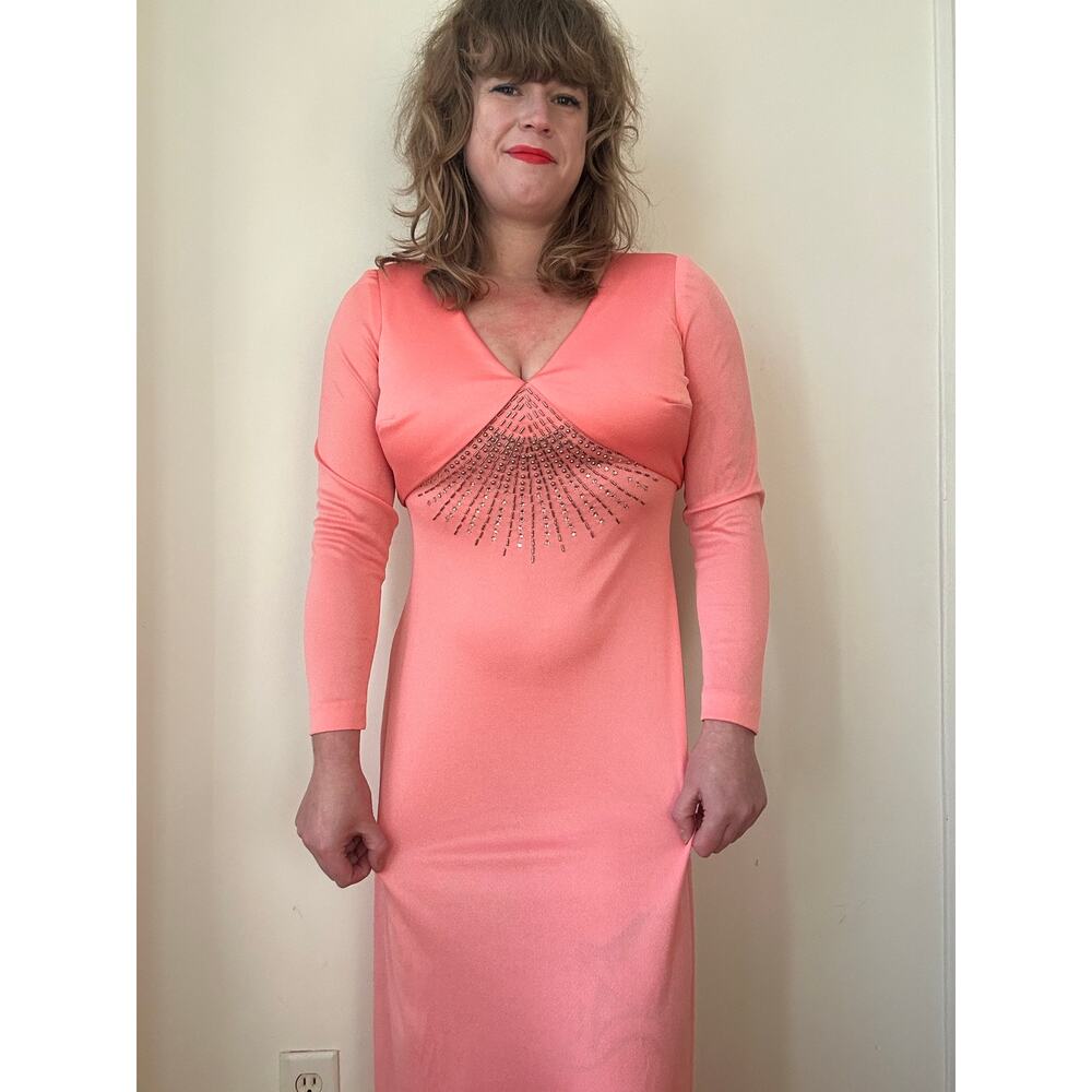 1970s 70s vintage pink maxi dress gown Dolly Parton rhinestone stud bubblegum